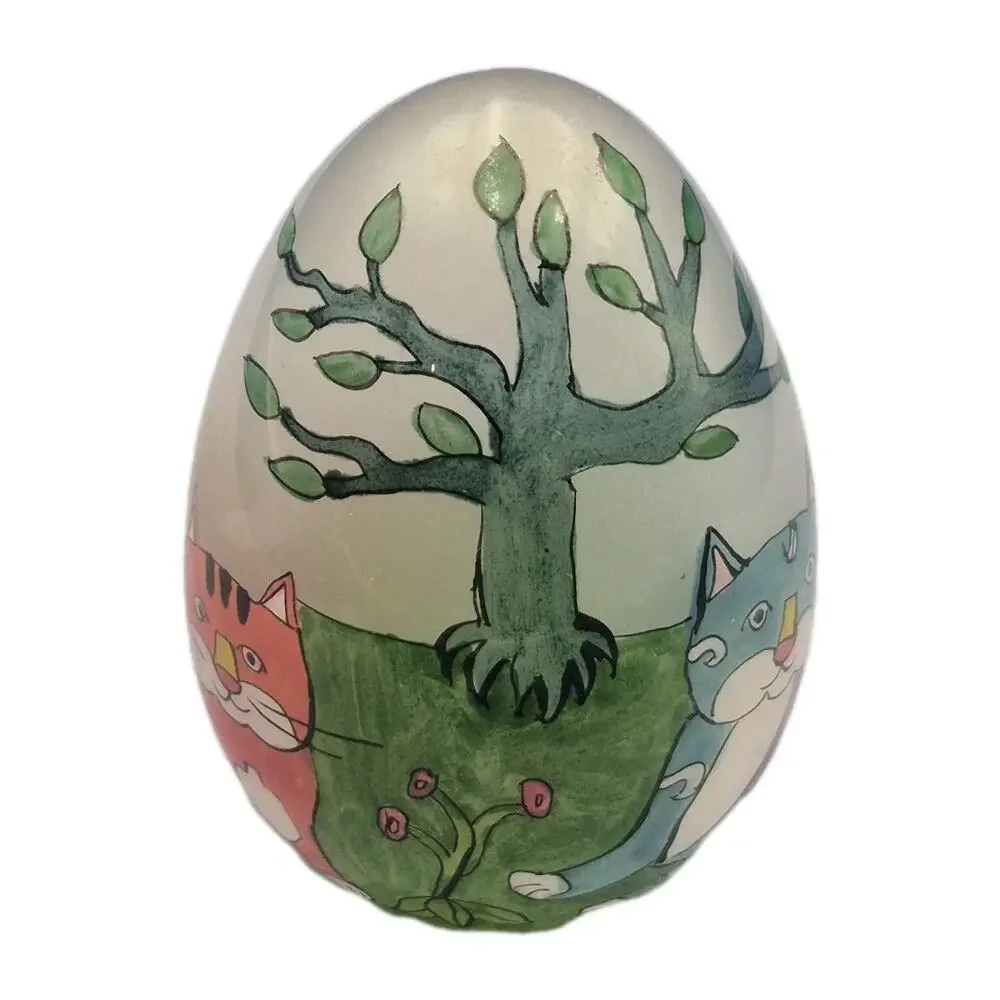 Vintage Reverse Painted Glass Egg with Adorable Cats Signed 3x1.5